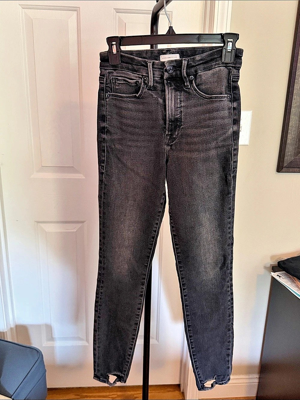Good American Good Icon High Waist Slit Inseam Jeans Black Waist 27